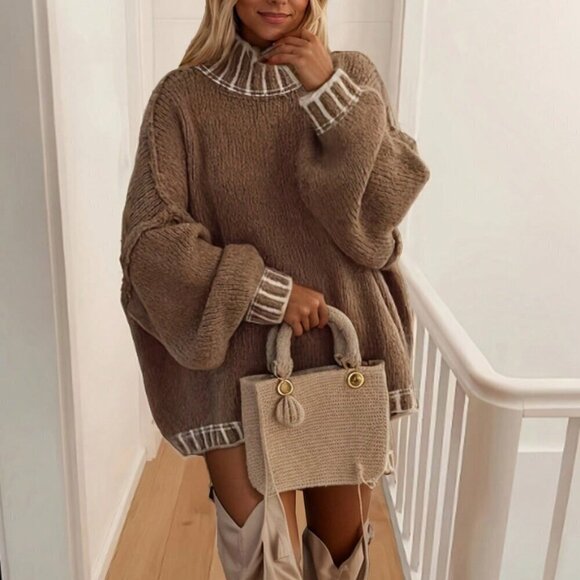 Sweaters - Khaki Casual Women's Oversized Drop Shoulder Long Sleeve Round Neck Sweater